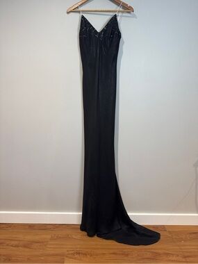 Vintage 1001 Nights Black Formal Gown Rhinestone Strap Train USA Y2K Prom Glam S